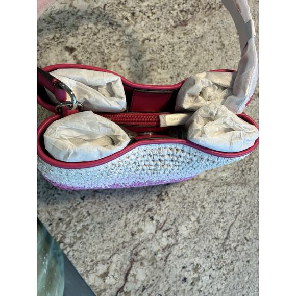 Michael Kors Pratt Women Medium Ombré Straw Bucket Shoulder Bag Dragonfruit - Picture 6 of 9